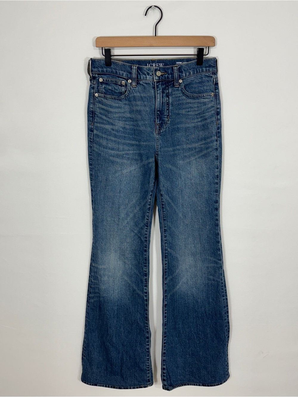 WJ337 {J. Crew} "Semi Stretch High Rise Flare" Tall Long Blue Denim Jeans
